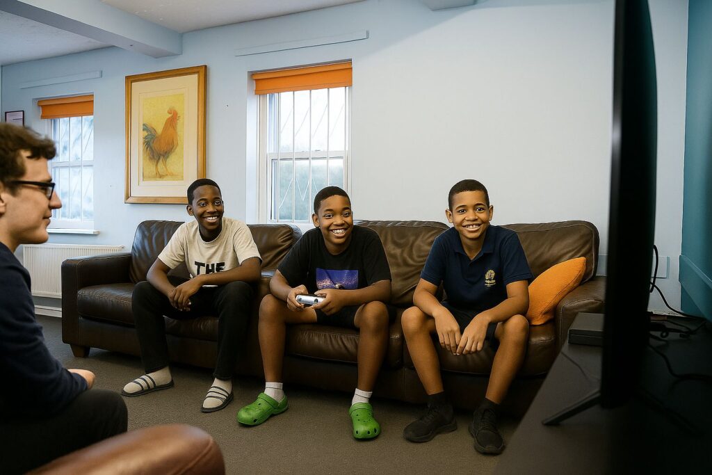 Autistic teenagers watching tv at Clarion House in Johannesburg