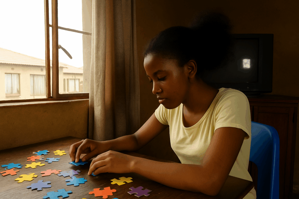 Child with Autism doing jigsaw puzzle at Clarion House