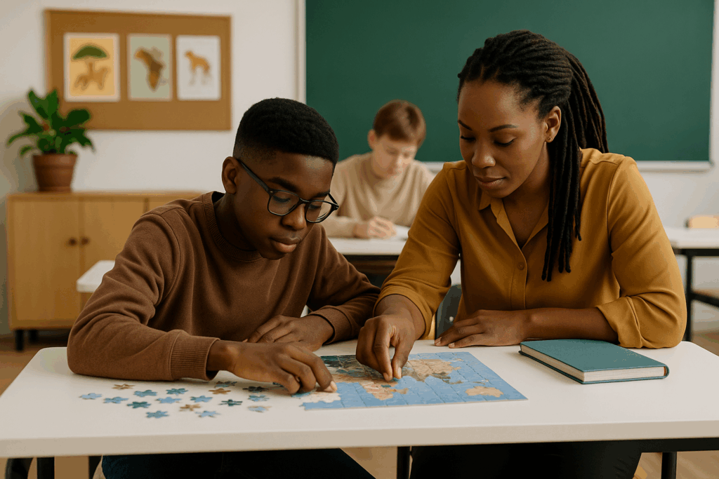 teenage boy doing jigsaw with teacher