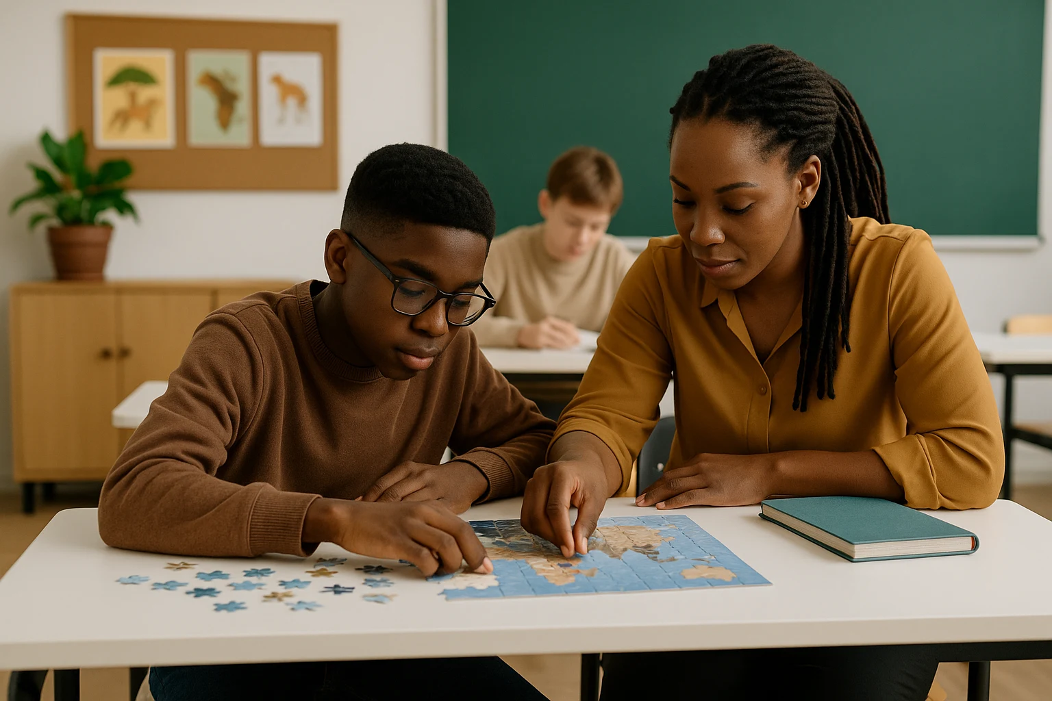 teenage boy doing jigsaw with teacher